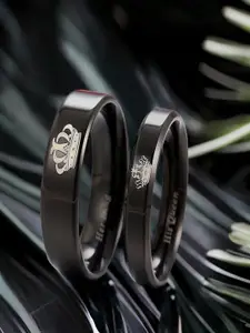 DIVASTRI Set Of 2 Rhodium Plated Crown Couple King/Queen Band Rings