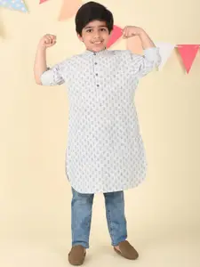 Fabindia Boys Ethnic Motifs Printed Cold-Shoulder Sleeves Thread Work Kurta