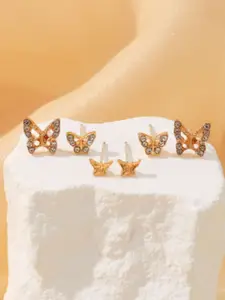SUBHAGALANKAR Set Of 3 Gold-Plated Artificial Stones Studded Butterfly Studs Earrings