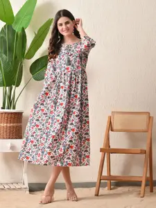 DECKEDUP Print Tie-Up Neck A-Line Midi Dress