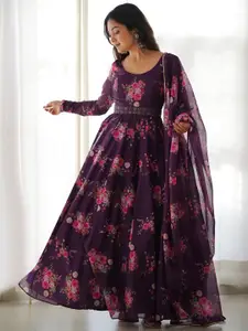 Raiyani Fashion Floral Printed Fit & Flare Maxi Ethnic Dresses With Dupatta