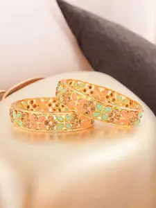 FEMMIBELLA Set Of 2 Gold-Plated Stone-Studded & Beaded Bangles