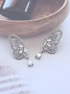 SUBHAGALANKAR Silver-Plated Rhinestone Studded Contemporary Drop Earrings
