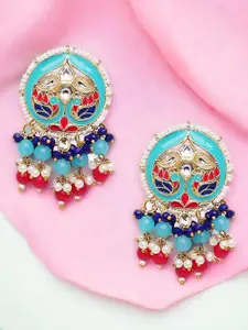 OOMPH Kundan Studded & Beaded Meenakari Contemporary Shaped Drop Earrings