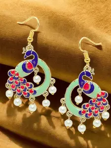 OOMPH Artificial Stones Studded And Beaded Peacock Shaped Drop Earrings