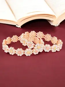 FEMMIBELLA Set Of 2 Rose Gold-Plated Cubic Zirconia Stone-Studded Bangles