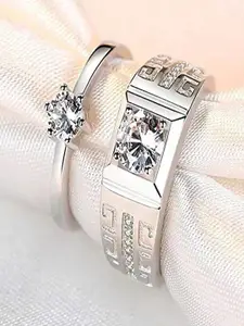 DIVASTRI Silver-Plated American Diamond-Studded Couple Rings