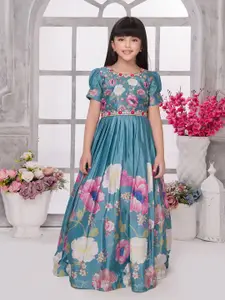 Tiny Kingdom Floral Print Puff Sleeve Satin Maxi Dress