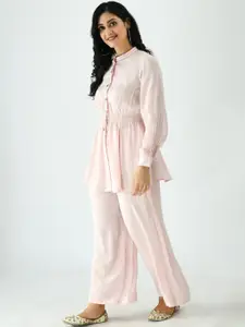 SEEDS OF FUSION Pure Cotton Mandarin Collar Top With Trousers Co-Ords