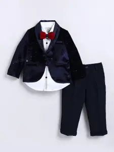 LITTLE COLLARS Shiny Velvet Coat Tuxedo Pant Shirt Set with Bow