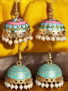 OOMPH Set Of 2 Kundan Beaded Dome Shaped Jhumkas