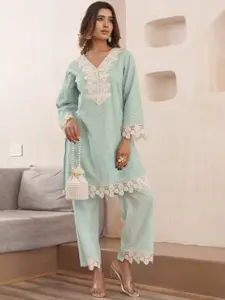 AUTUMN LANE Schiffli Embroidered Pure Cotton Top With Trousers Co-Ords