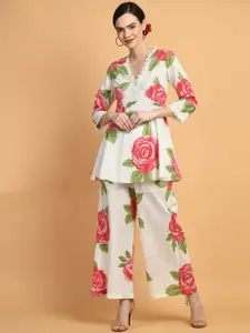 SEEDS OF FUSION Rose Print Aaliya Cut Top With Palazzos Co-Ords