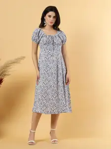 RAASSIO Floral Print Tie-Up Neck Puff Sleeve Crepe A-Line Midi Dress