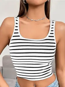 AAHWAN Striped Round Neck Sleeveless Tank Crop Top