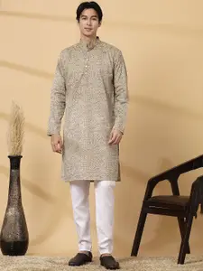 Majestic Man Geometric Printed Mandarin Collar Pure Cotton Straight Kurta