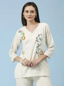 Hitarth Fashion Floral Embroidered V-Neck Organic Cotton Top
