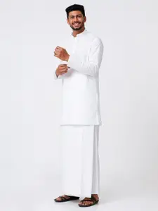 RAMRAJ Cotton Mens White Full Sleeves Medium Length Kurta with Stitched Prayer Dhoti