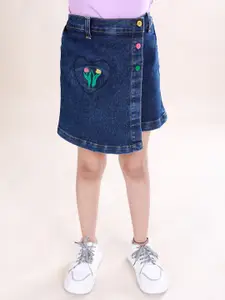 KiddoPanti Girls Embroidered Denim Over Lap Skort With Heart Patch