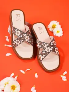 RUXBYPAYAL Women Embellished Open Toe Flats with Embroidered