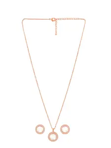 Peora Rose Gold-Plated Cubic Zirconia-Studded Round Pendant & Earrings Jewellery Set