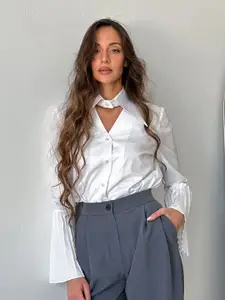 MIAKEE Tie-Up Neck Cotton Shirt Style Top