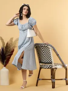 RAASSIO Floral Print Tie-Up Neck Puff Sleeve Crepe A-Line Midi Dress