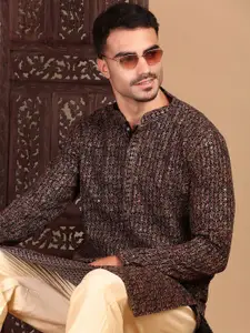 House of Pataudi Chic Geometric Pattern Chikankari Kurta With Sequin