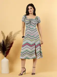 RAASSIO Print Tie-Up Neck Puff Sleeve Crepe A-Line Midi Dress