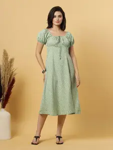 RAASSIO Floral Print Tie-Up Neck Puff Sleeve Crepe A-Line Midi Dress