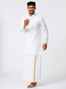 RAMRAJ COTTON Men Full Sleeves Medium Kurta With Gold Zari Border Dhoti