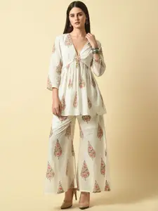 SEEDS OF FUSION Mirah Handblock V-Neck Top With Palazzos Co-Ords