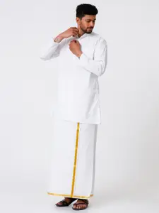 RAMRAJ Cotton Men Full Sleeves White Medium Kurta with 3/4" inch Gold Jari Dhoti