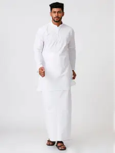 RAMRAJ Men White Full Sleeves Medium Length Cotton Kurta with Prayer Dhoti Set