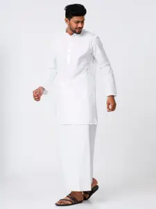 RAMRAJ COTTON Men White Full Sleeves Medium Length Kurta with Stitched Dhoti Combo