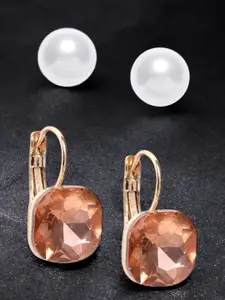 OOMPH Set Of 2 Cubic Zirconia Studded & Pearls Beaded Classic Shaped Drop Earrings