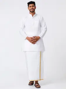 RAMRAJ COTTON Men Full Sleeves White Medium Kurta with 1/2 inch Jari Border Dhoti Set