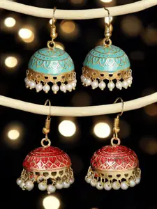 OOMPH Set Of 2 Beaded Meenakari Dome Shaped Jhumkas