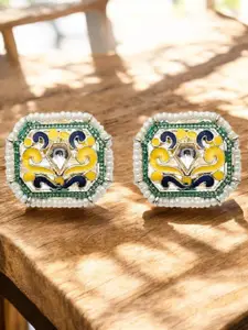 OOMPH Kundan Studded And Beaded Meenakari Square Shaped Studs