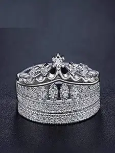 DIVASTRI Set Of 2 Sliver-Plated Cubic Zirconia Studded Crown Ring