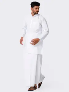RAMRAJ Men Full Sleeves White Medium Length Cotton Kurta with Stitched Prayer Dhoti Set