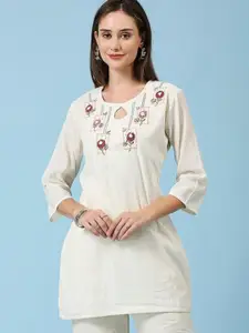 Hitarth Fashion Floral Embroidered Key Hole-Neck Organic Cotton Top