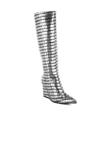 London Rag Women Woven Design Casual Croco Metallic Long Boots