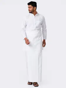RAMRAJ Cotton Men White Full Sleeves Medium Length Kurta with Stitched Prayer Dhoti