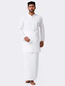 RAMRAJ Men White Full Sleeves Cotton Kurta with Prayer Dhoti Combo