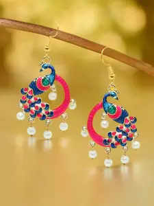 OOMPH Artificial Stones Studded And Beaded Peacock Shaped Drop Earrings