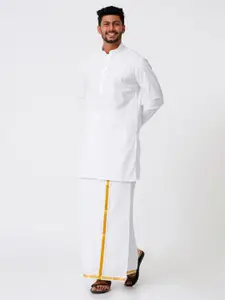 RAMRAJ COTTON Men Full Sleeves Medium Length Kurta With Gold Zari Dhoti
