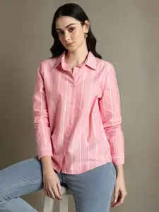 DL Woman Relaxed Fit Vertical Striped Spread Collar Cotton Casual Shirt