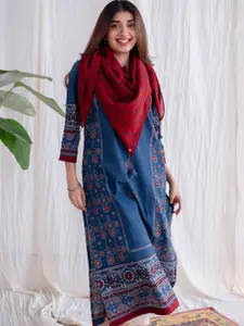 THE INDIAN ETHNIC CO Red Ajrakh Lotus Butti MulMul Scarf