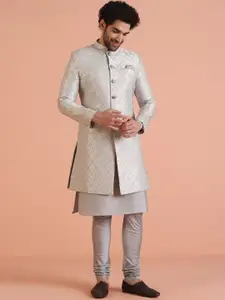 KISAH Men Self Design Geometric Mandarin Collar Kurta Indowestern Sherwani Set